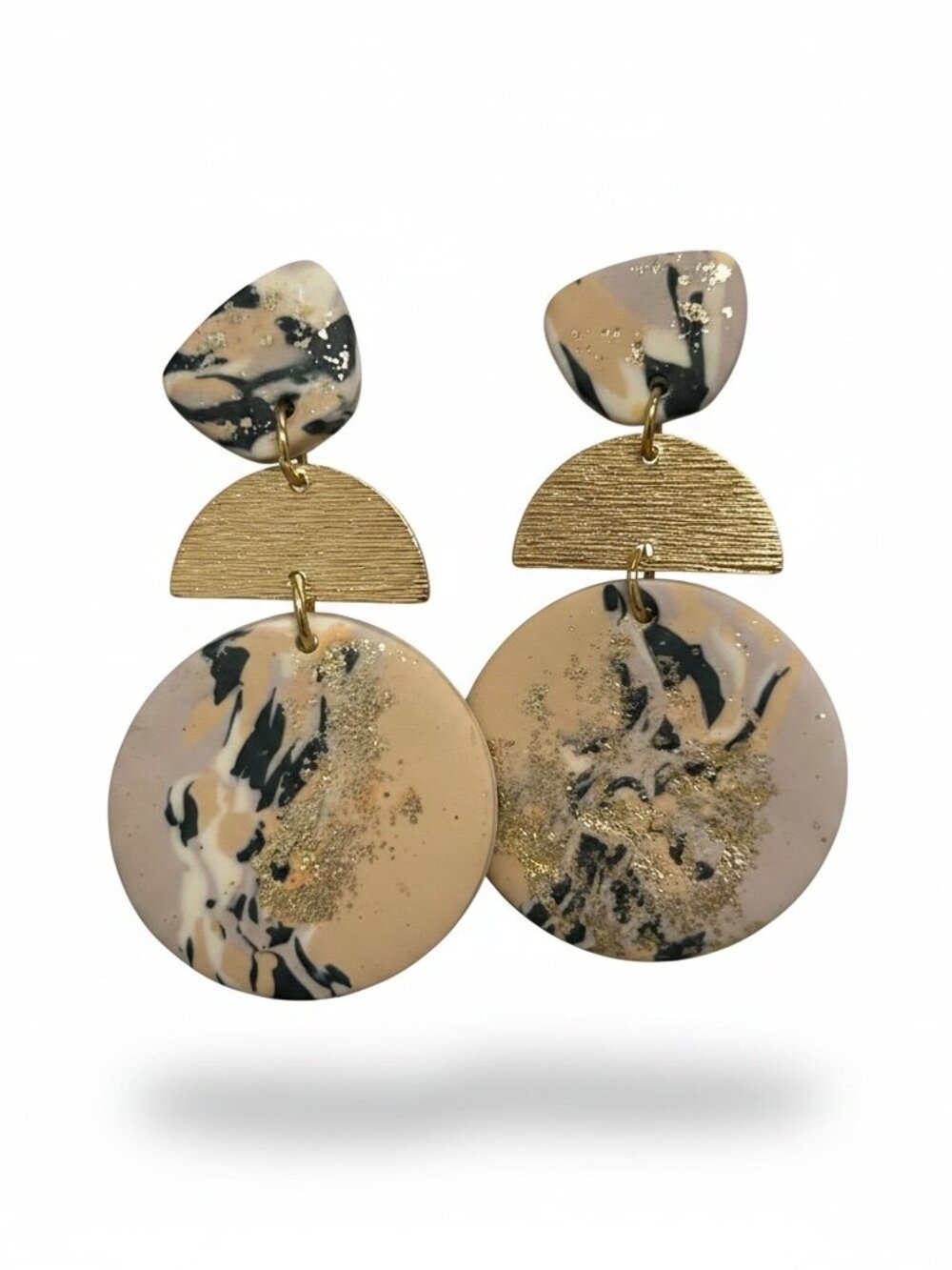 Abstract Polymer Clay Statement Dangle Earrings Gold Glitter Neutral NWOT - Picture 2 of 5